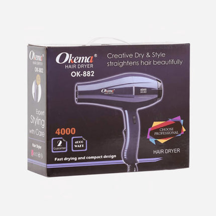 The Okema 882-OK 4000 hair dryer operates quietly without