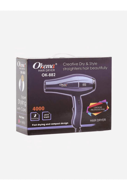 The Okema 882-OK 4000 hair dryer operates quietly without