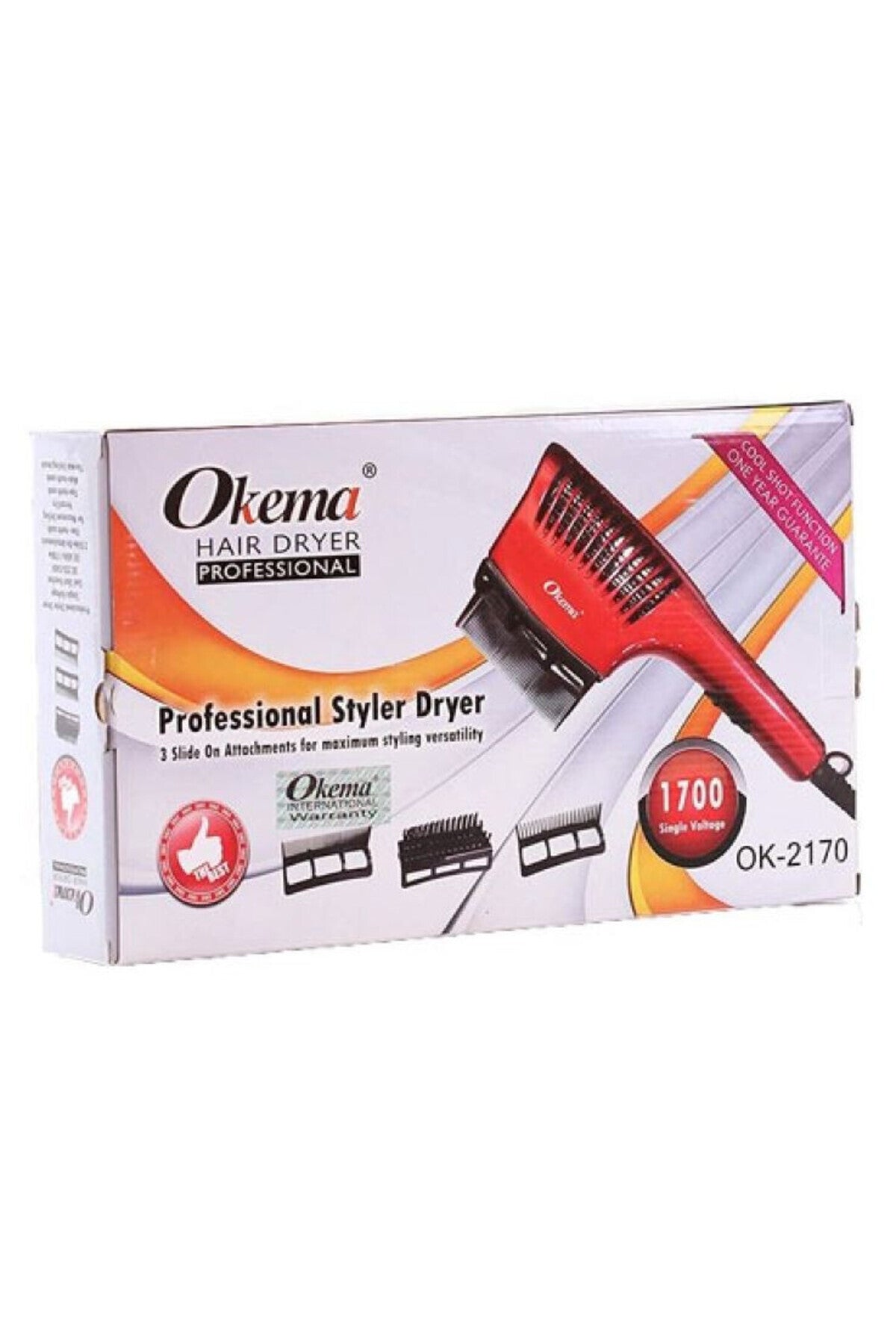 OKMA Hair Styler OK-2170:
Two temperature settings, temperature up to 1700°C, includes 3 multi-attachment pieces