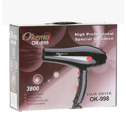 The Okema 998-OK 3800 hair dryer features ionic technology.
