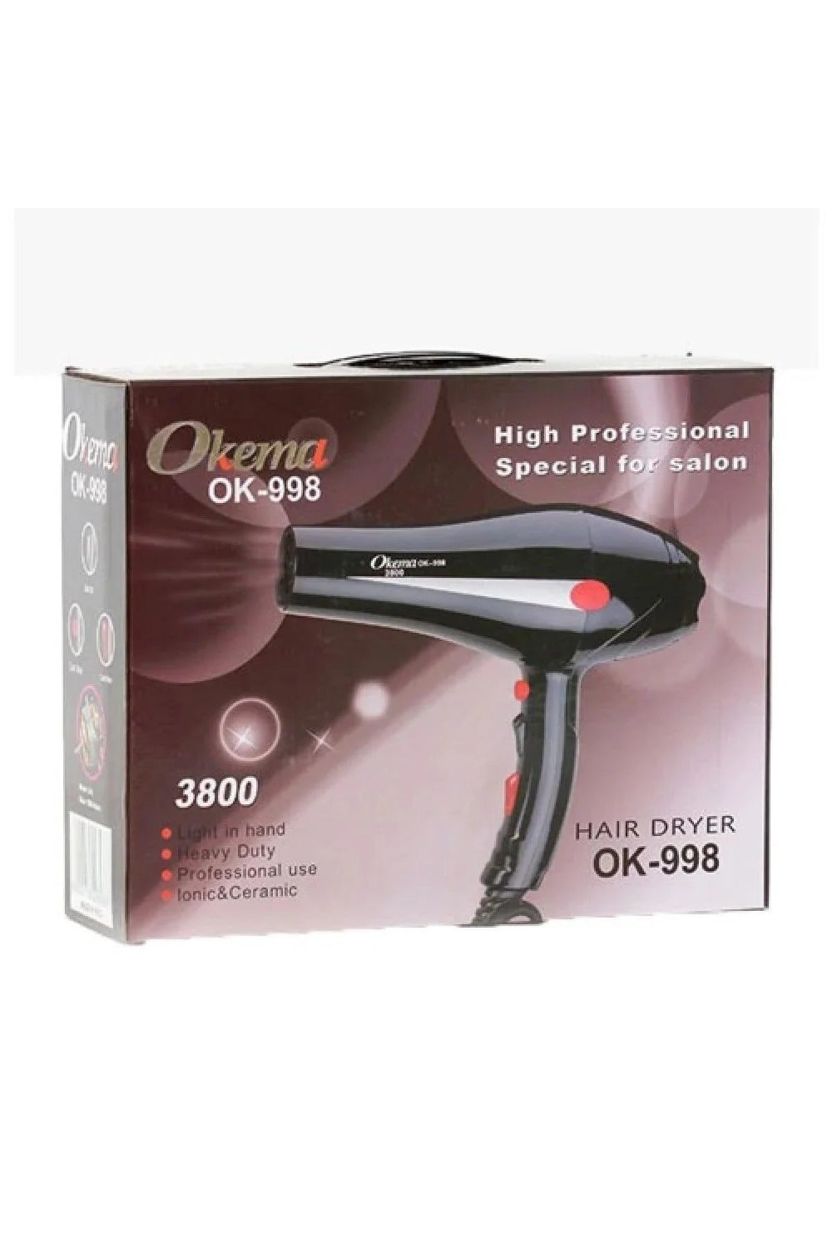 The Okema 998-OK 3800 hair dryer features ionic technology.