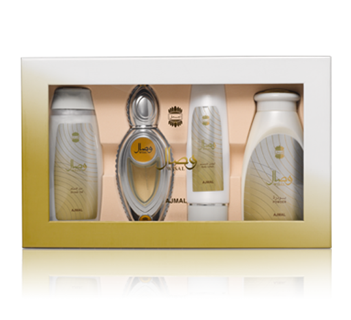 طقم هدايا وصال للنساء 4 قطع: عطر او دي بارفان 50 مل، جل استحمام 200 مل، لوشن جسم 100 مل، بودرة 200 جرام